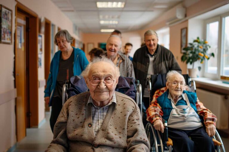 Caregiver and senior reviewing a personalized care plan at a table in an assisted living room