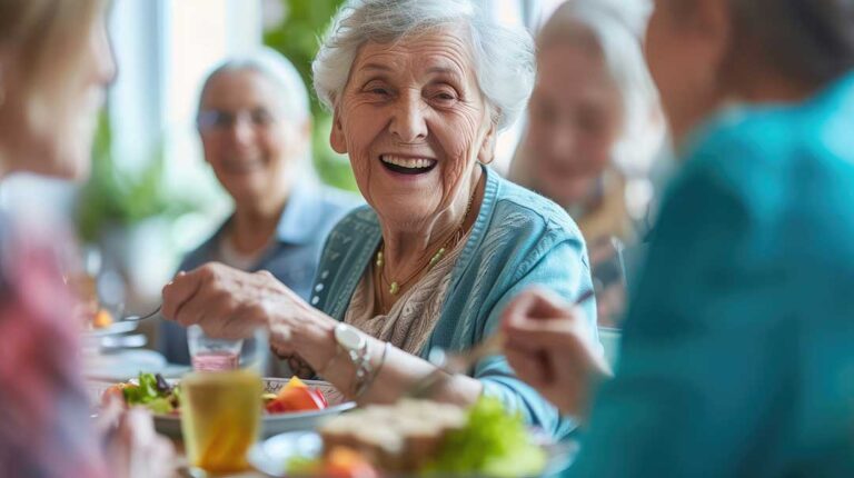 Older adults and a staff member chatting in a comfortable common area with natural light and visible safety features.